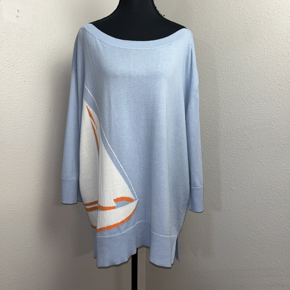 Stylus Lightweight Sweater Women's 2X Blue‎ Sailboat 3/4 Sleeve Nautical Beach
